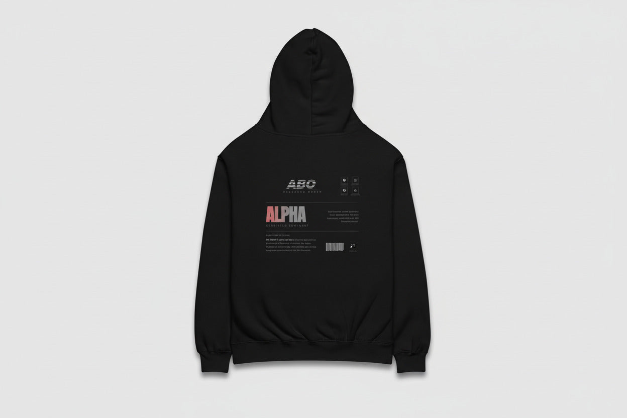 Black hoodie with 'ABO' and 'Alpha' text on a white background
