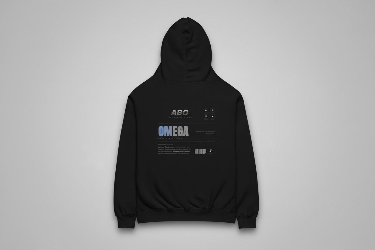 The back of a black hoodie. There's product specifications for an "Omega" (with a blue to grey fade over the text)., from the ABO Research Group.