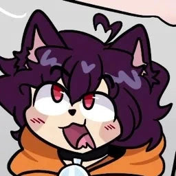 DailyChaoz, a catboy with a triangle nose, red eyes, purple hair and cat ears.