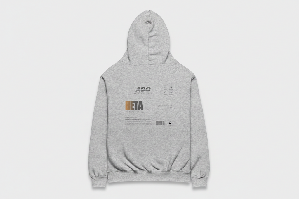 Gray hoodie with text and branding on a white background