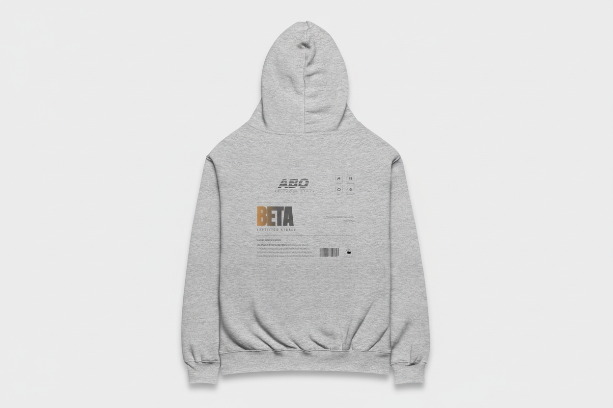 Gray hoodie with text and branding on a white background