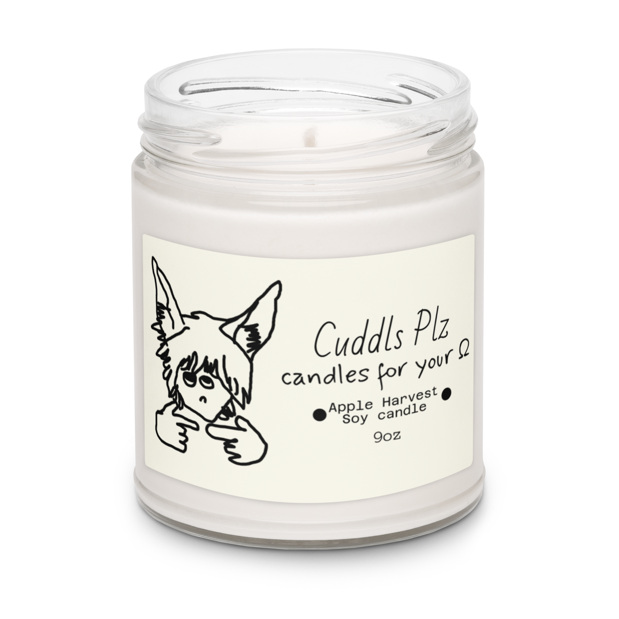 Candle in a glass jar with a label featuring a cartoon character