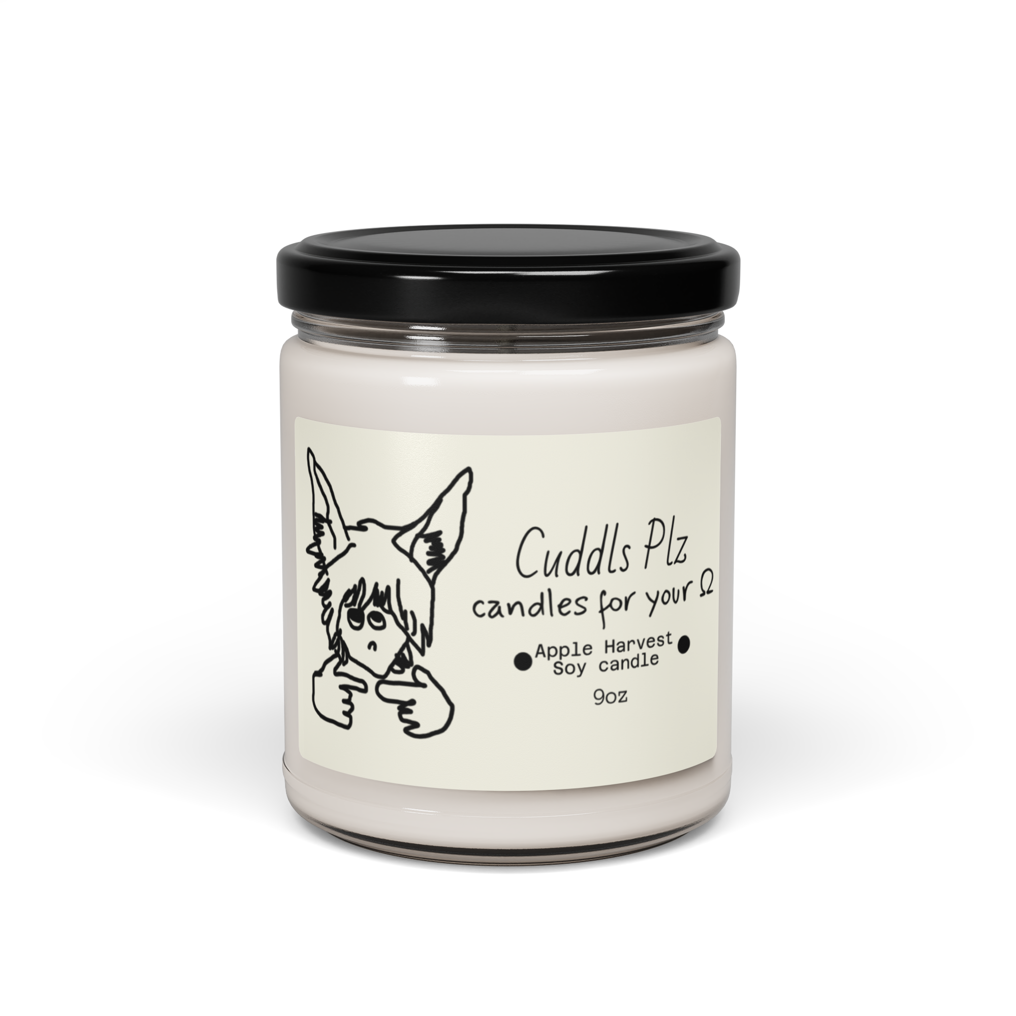 Candle jar with a black lid and a label featuring an illustration of a dog and text on a white background.