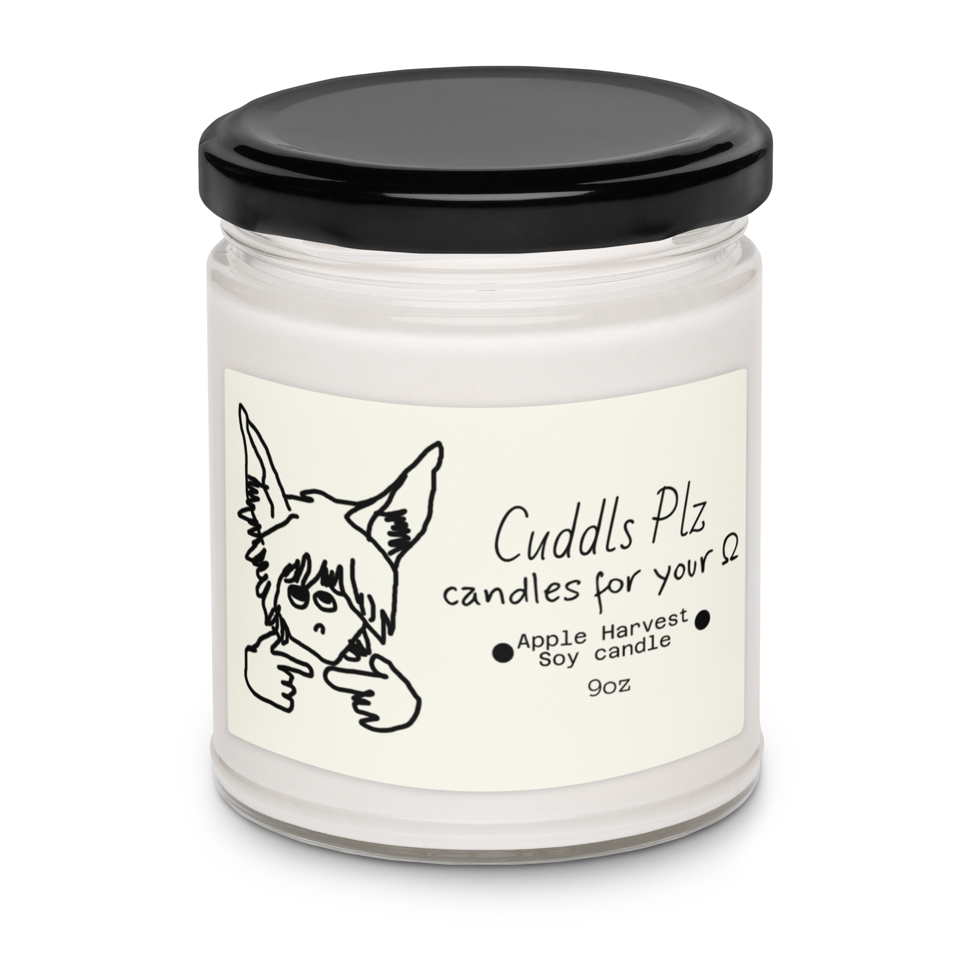 Candle jar with a black lid and a label featuring a cartoon character and text on a white background