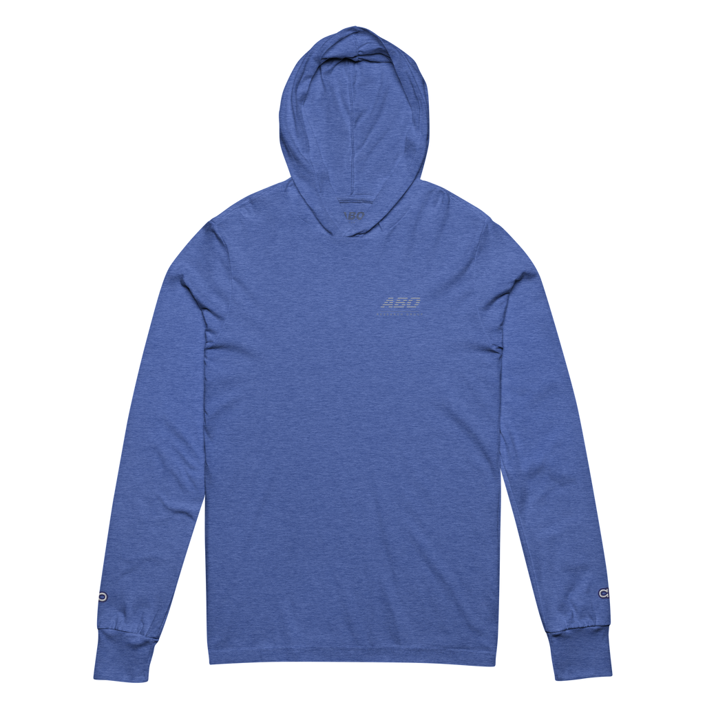 Baseline Layers hooded long-sleeve tee in heather true royal, front view with ABO chest mark