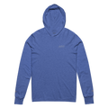 Baseline Layers hooded long-sleeve tee in heather true royal, front view with ABO chest mark