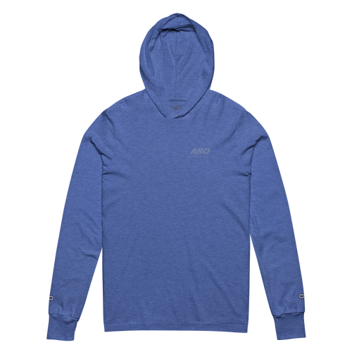 Baseline Layers hooded long-sleeve tee in heather true royal, front view with ABO chest mark
